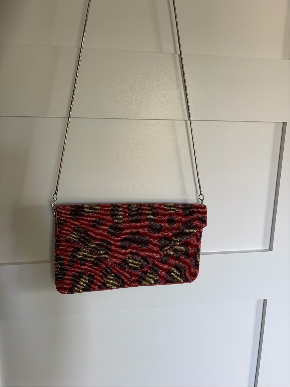 Red Leopard Print Beaded Crossbody Clutch